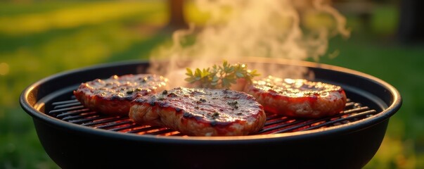 Fototapeta premium Charcoal barbecue with sizzling meat, sunny day, heat, outdoor