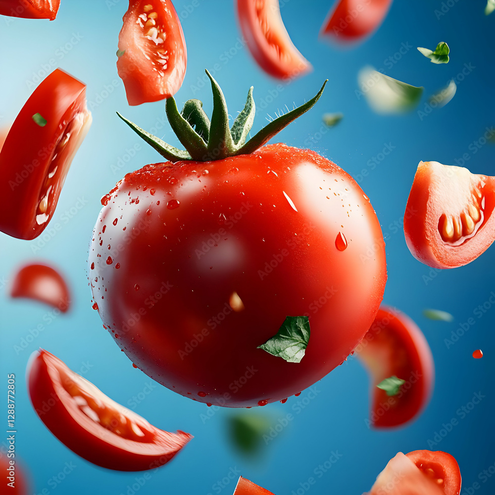 Poster fresh red tomato splashing, surrounded by slices and droplets against a colorful background for a vi