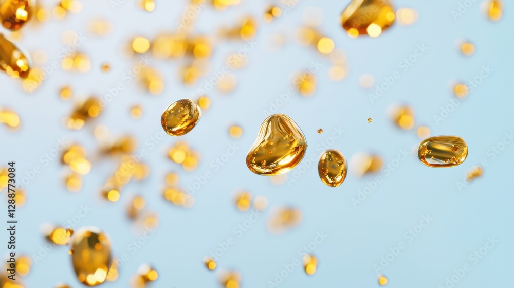 Poster floating golden droplets create a striking abstract visual against a soft blue backdrop, showcasing 