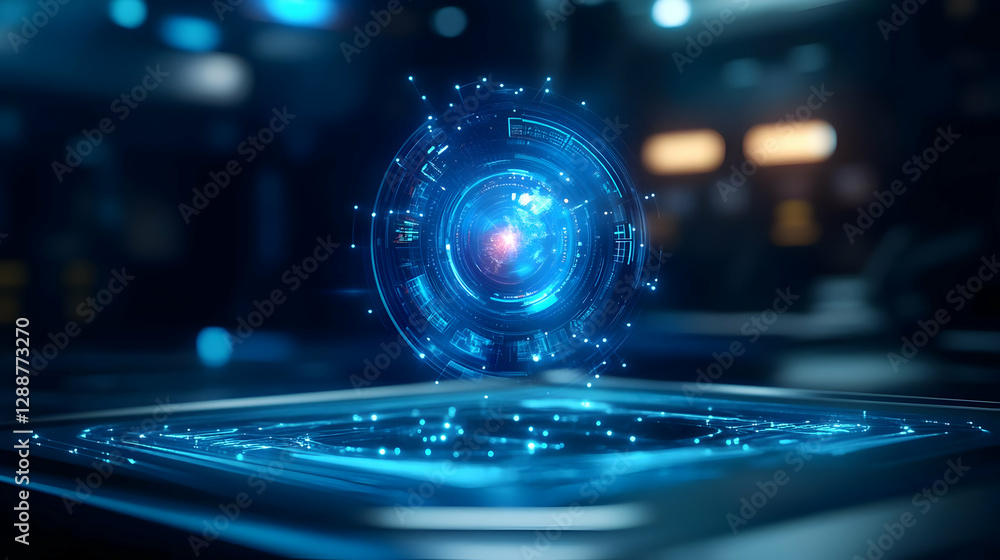 Poster futuristic holographic interface displaying advanced data in glowing blue light, ideal for tech desi