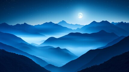 Fototapeta premium Majestic Night View of Serene Mountains Under Bright Moonlight with Starry Sky Above and Soft Blue Hues Illuminating Landscape