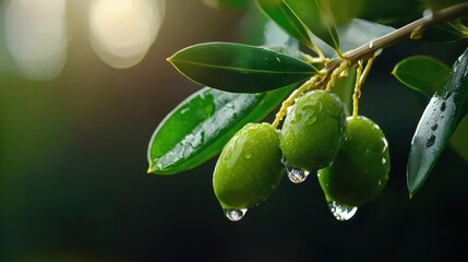 Obraz premium Bright green olives hanging from branches with dew glistening under soft natural light in a lush garden setting