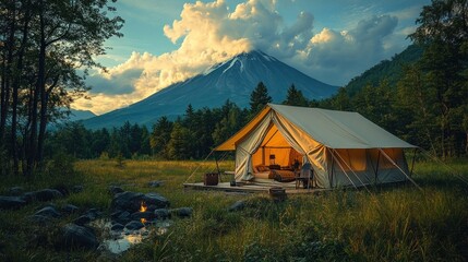 Mountain Camping Tent at Sunset