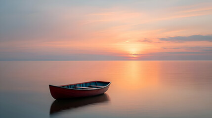 Red Boat at Sunset on Calm Water