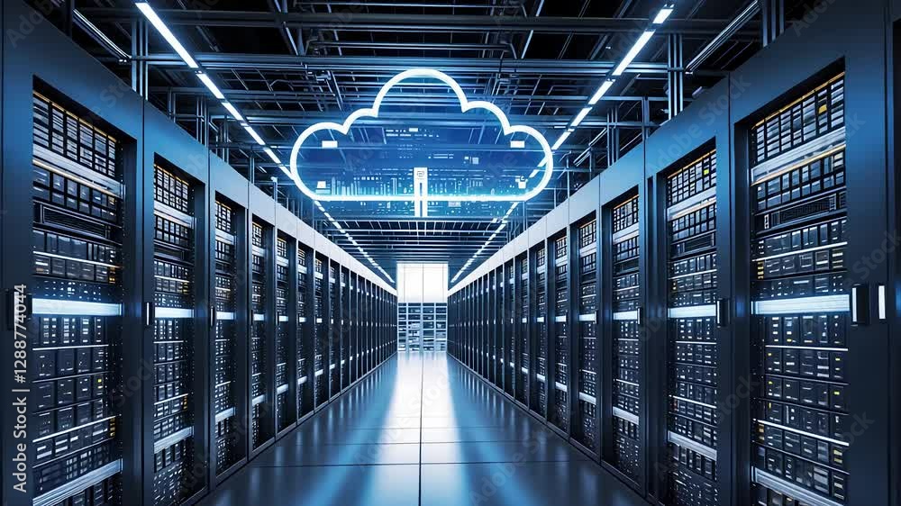 Poster modern data center server racks with cloud network connectivity
