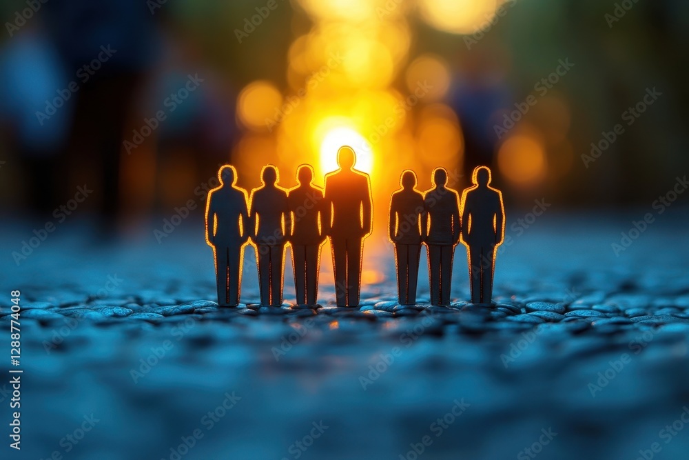 Poster silhouettes of group of paper figures in front of a beautiful golden sunset with a blurry background