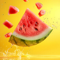 Refreshing watermelon slice splashing in water with vibrant yellow background, perfect for summer themes and healthy eating.