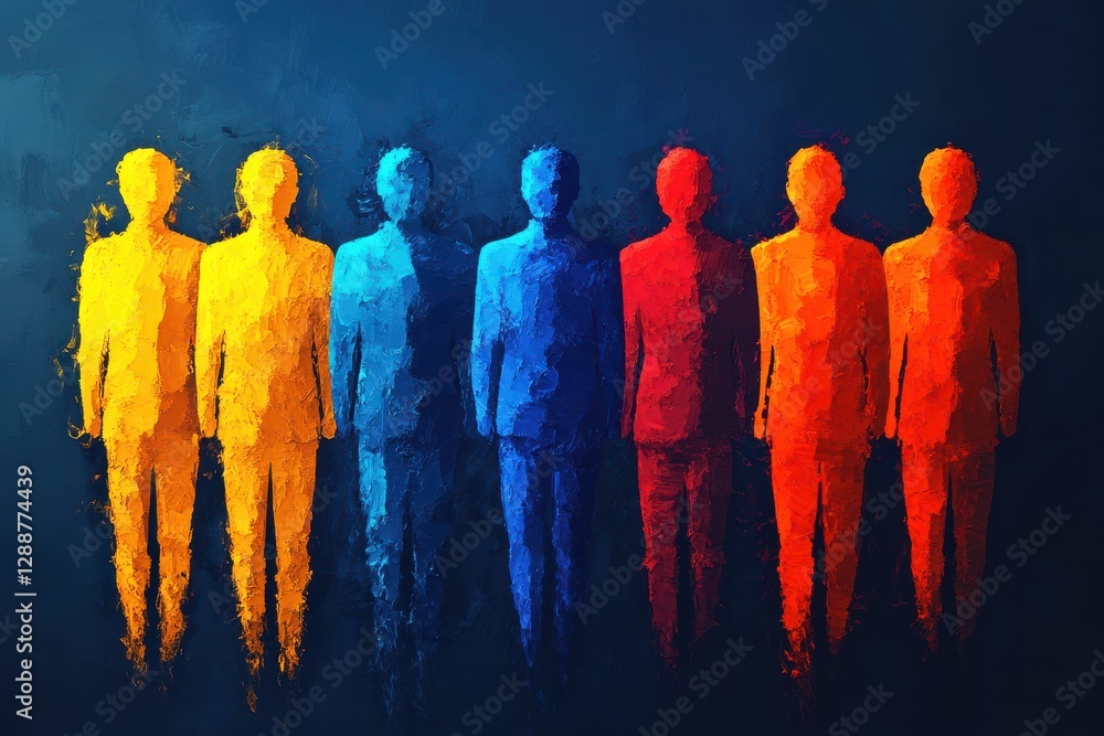 Poster abstract representation of diverse business figures in gradient colors showcasing teamwork and colla
