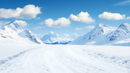 Obraz premium Serene winter landscape with snow-covered mountains and a winding path through the pristine snow. A breathtaking view of nature's beauty.