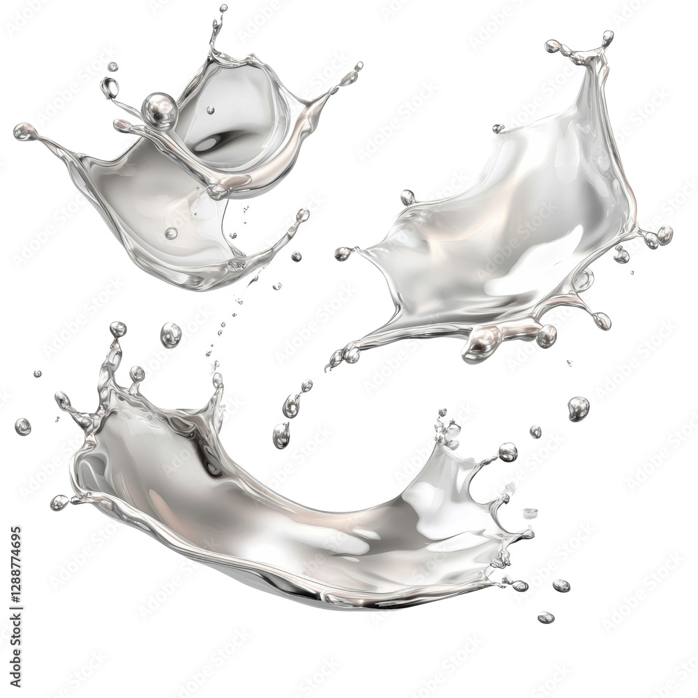 Poster three distinct splashes of water isolated on a black background creating dynamic shapes and patterns