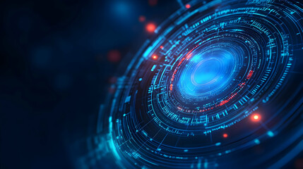 Obraz premium Stunning digital abstraction featuring luminous circular patterns and vibrant blue hues, representing advanced technology and innovation.