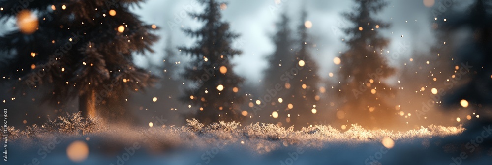 Aufkleber golden particles drifting gracefully over a snowy ground in a winter forest, surrounded by majestic 