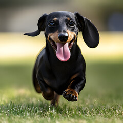 Happy dachshund running joyfully across a sunny green lawn on a bright day