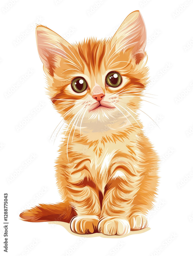 Poster small kitten sitting on a black background looking curiously at the camera with a focused expression