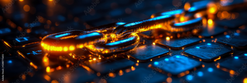 Poster digital concept: shining chain connection over a computer board surface, data integrity, link securi