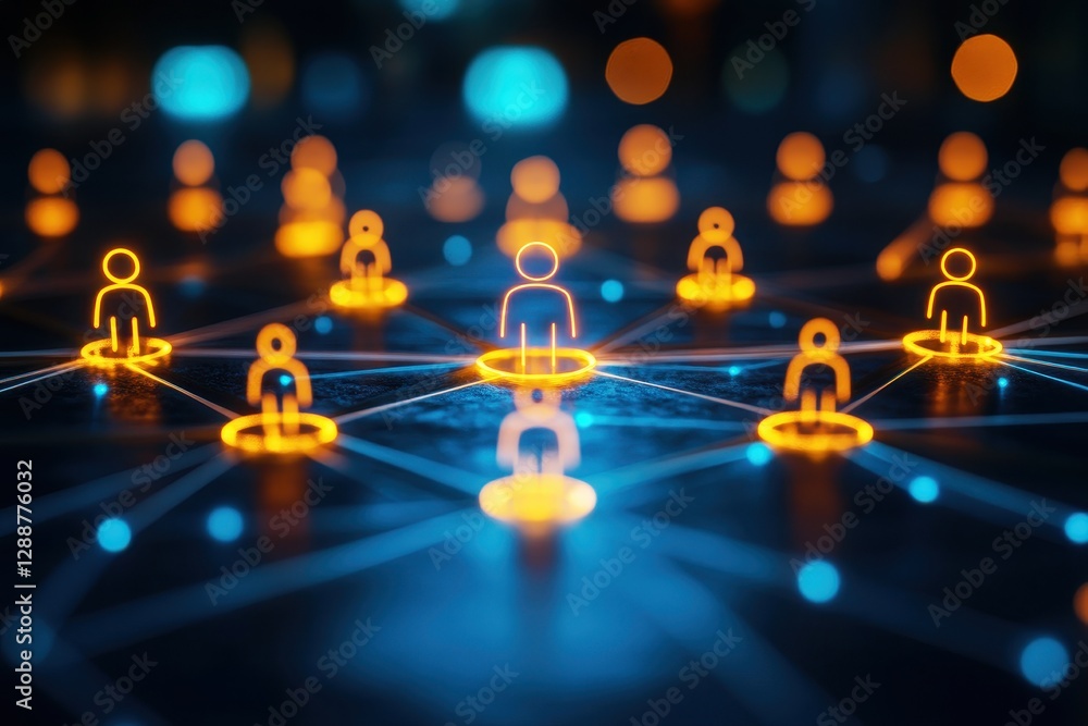 Poster network of interconnected icons representing collaborative relationships and social connections in a