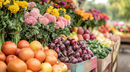 Fresh fruits and vibrant flowers at lively market, showcasing nature bounty