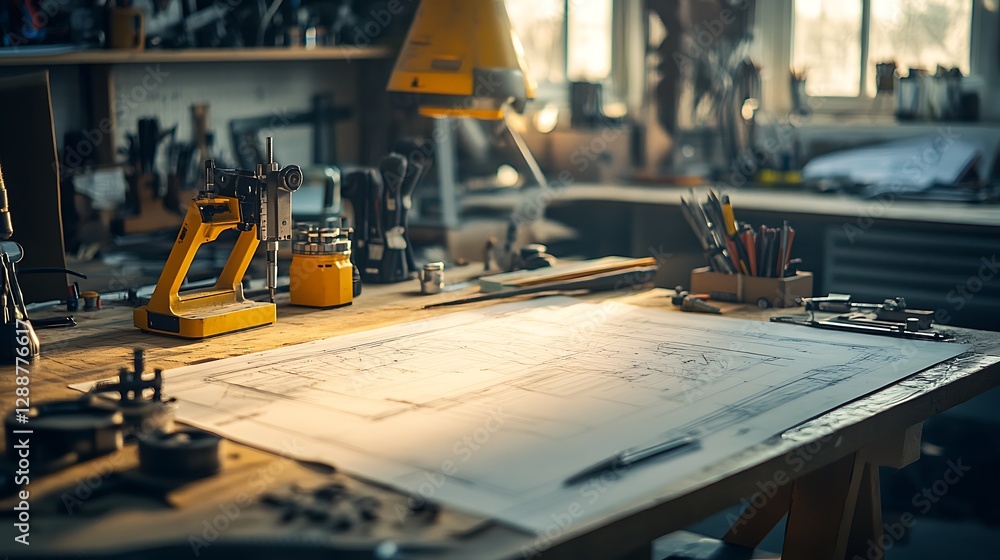Poster workshop table with blueprint and tools under warm light