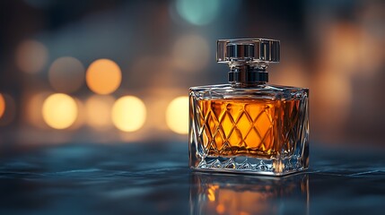 Elegant Glass Bottle Containing Amber Liquid on a Reflective Surface