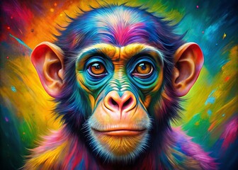 Vibrant Colorful Monkey Oil Painting, Deep Focus Artistic Animal Portrait
