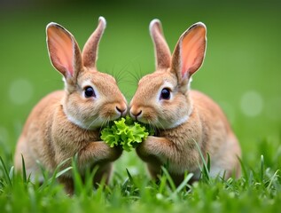 Obraz premium Two adorable rabbits sharing fresh lettuce in a green field