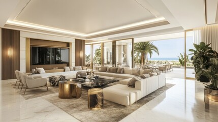 Naklejka premium Elegant modern apartment featuring marble floors, gold accents, and a glamorous contemporary style.