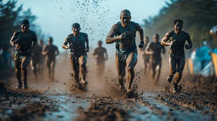 A photo of an epic mud marathon where runners, drenched in mud, race through an obstacle course with determination at Boryeong Mud Festival 2025 in the morning