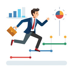 businessman running on project timeline project on white background 
