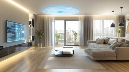 Fototapeta premium High-tech modern apartment featuring automated curtains, smart security, and a sleek contemporary design.