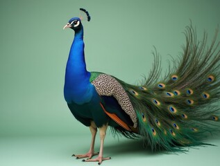 Fototapeta premium Majestic peacock showing its colorful feathers on green background