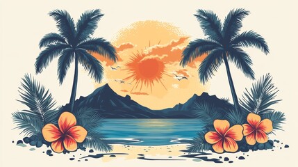 Hawaiian Island Tropical Hibiscus Flowers with Palm Leaves