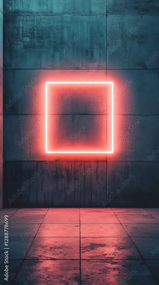 Poster illuminated neon square frame on a dark textured wall with reflections on the wet floor, abstract an