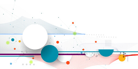 Vector illustration abstract modern technology design. White circle, geometric shape, wave wireframe line pattern and circuit board on white - grey background. Technology concept for banner, template
