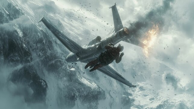 Burning plane crashes; pilot ejects over snowy mountains.