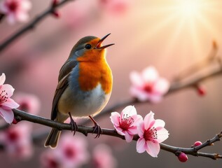 Obraz premium Robin singing on a blossoming cherry tree branch in spring
