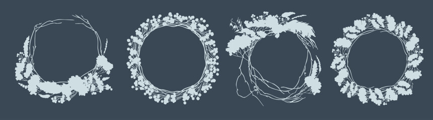 Circle flower wreath silhouette, twig and leaf branch wreath, circle frames, Botanical wedding frame for monogram, invitation, greeting, logo, birthday cards © Yevheniia Poli