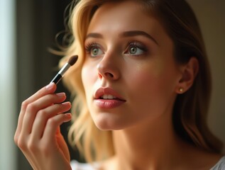 Obraz premium Woman Applying Highlighter Makeup for a Radiant Glow