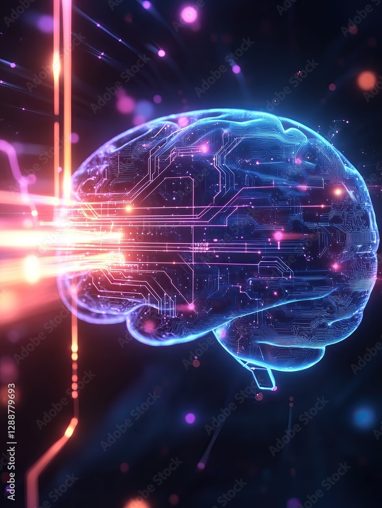 Poster a digital - style brain with circuit - like patterns, surrounded by colorful lights and energy beams