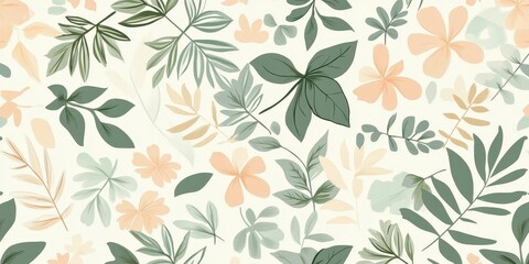 Fototapeta premium Seamless Pastel Floral Pattern Featuring Delicate Peach Flowers And Green Leaves On A Cream