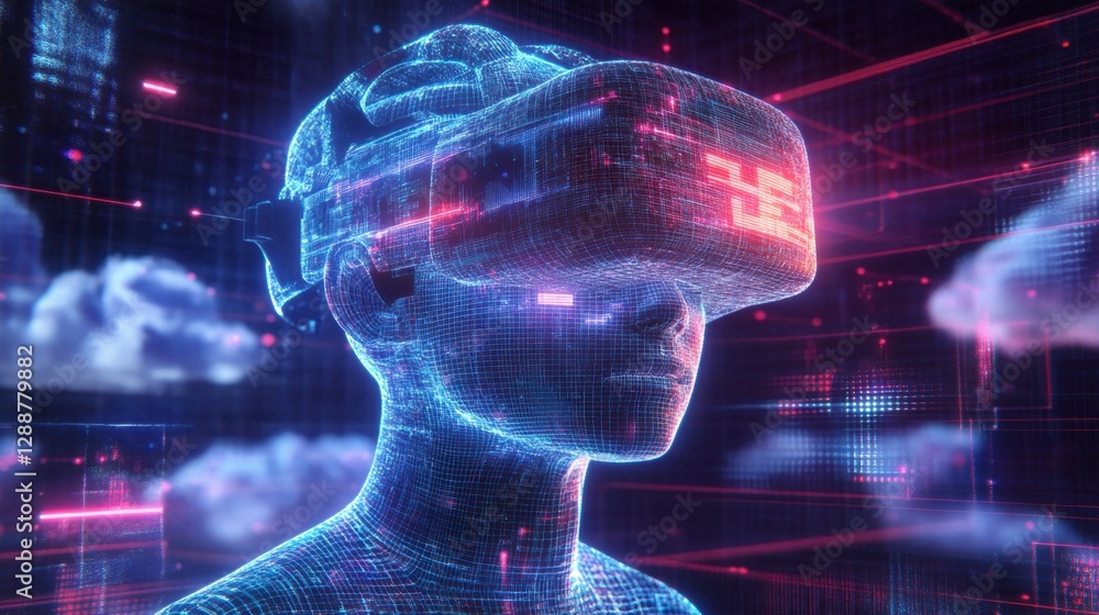 Aufkleber metaverse humanoid ai floating through digital data streams and futuristic clouds.