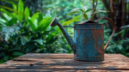 Fototapeta premium Rustic Metal Watering Can with Artistic Rust Patterns in Nature