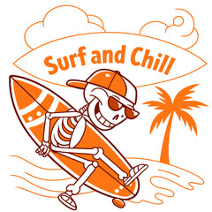 Obraz premium Surf and Chill Skeleton - Cool Retro Beach Vector Design