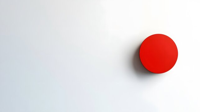 Red round button on a smooth white background, minimalistic design, highlights simplicity and modern aesthetics, with space for text.