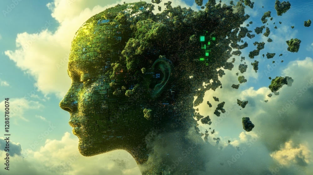 Poster metaverse humanoid ai floating through digital data streams and futuristic clouds.