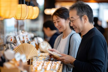 A smiling couple examines unique products at a vibrant market, embodying the joy of shared experiences and discovery amid a colorful and inviting atmosphere.