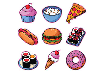 Kawaii Food Vector: Pizza, Sushi, Burger, Cupcake More
