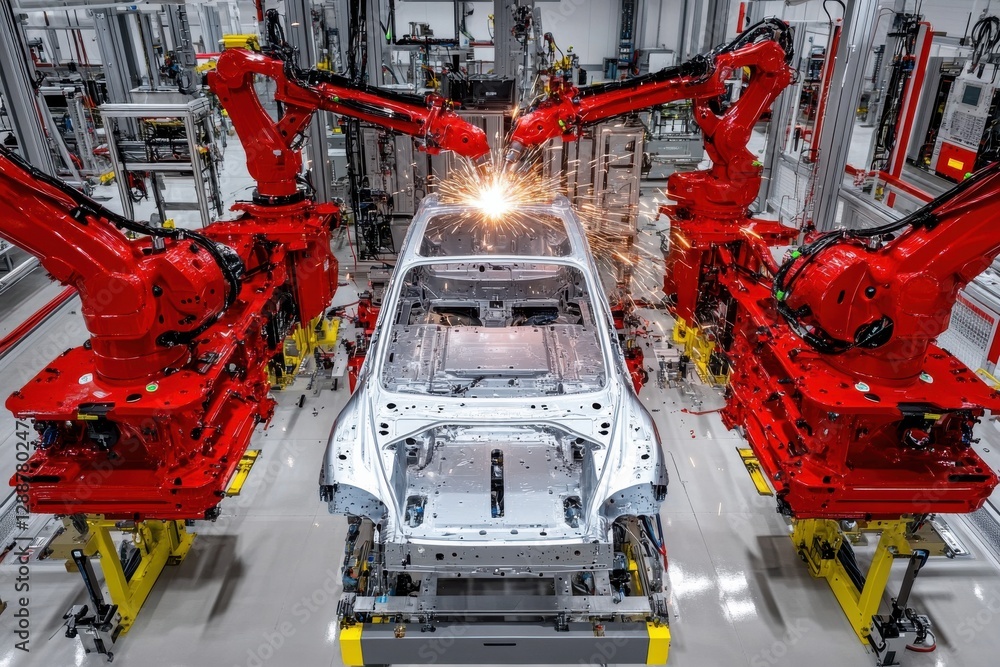 Aufkleber high angle shot of multiple robotic arms assembling a car chassis with sparks flying from precision 