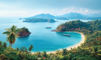 Tropical bay with yachts, sandy beach, islands, lush jungle, and hazy mountains