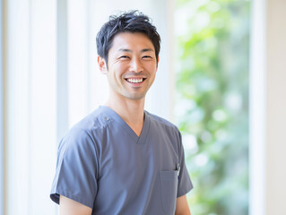 灰色のスクラブを着て病院のパブリックに立つ、40代男性の医師