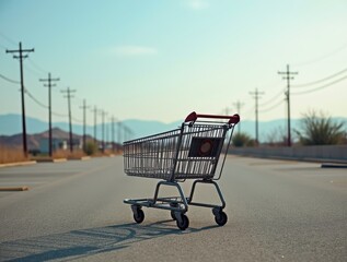 Abandoned shopping cart in empty parking lot under blue sky